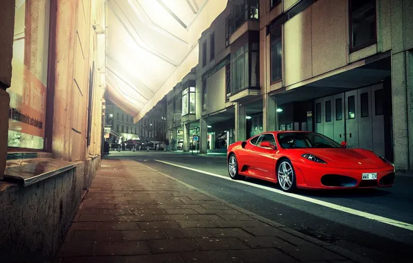 Picture the city, street, F430, Ferrari, red, Ferrari, red, stores