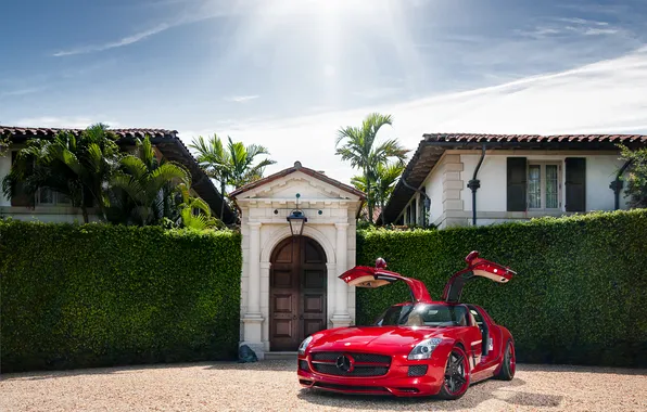 The sky, the sun, Mercedes-Benz, mansion, Mercedes, the bushes, AMG, SLS