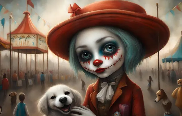 Dog, clown, circus, girl, puppy