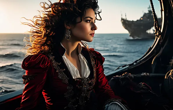 Girl, the ocean, the wind, ship, earrings