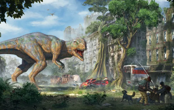 The city, people, fiction, dinosaur, art, ruins, T-Rex, Tyrannosaurus