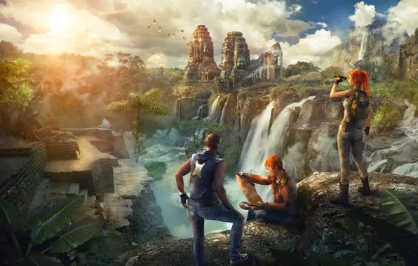 Waterfall, map, jungle, travelers, ruins, Environment