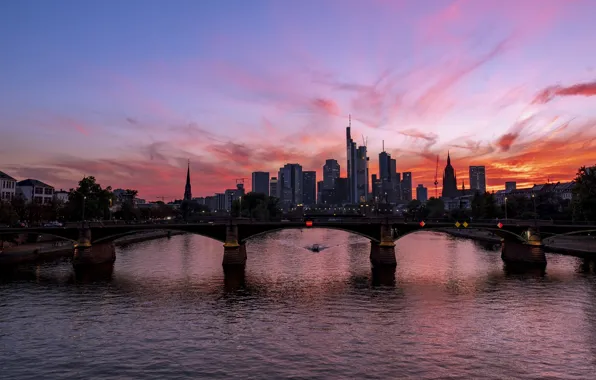 Sunset, bridge, the city, lights, river, skyscrapers, the evening, Germany