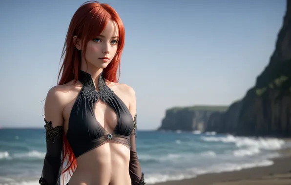 Girl, fantasy, beach, red hair, coast, nature, art, digital art