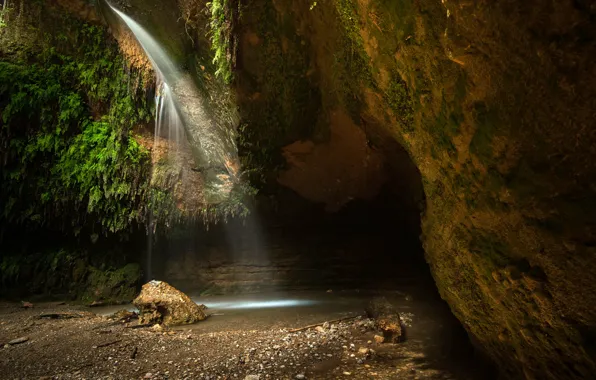 Rock, stones, waterfall, moss, cave, Spain, Salt Del Cargol