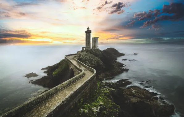 Sea, clouds, sunset, bridge, lighthouse, pierce, Cape