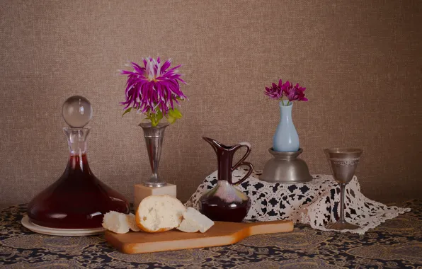 Flowers, glass, dishes, still life, roll, decanter, Dahlia