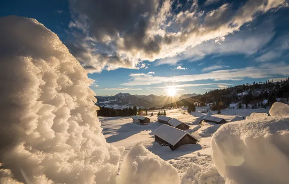 Winter, forest, the sun, clouds, rays, light, snow, mountains