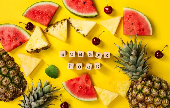 Summer, cherry, watermelon, pineapple, yellow background