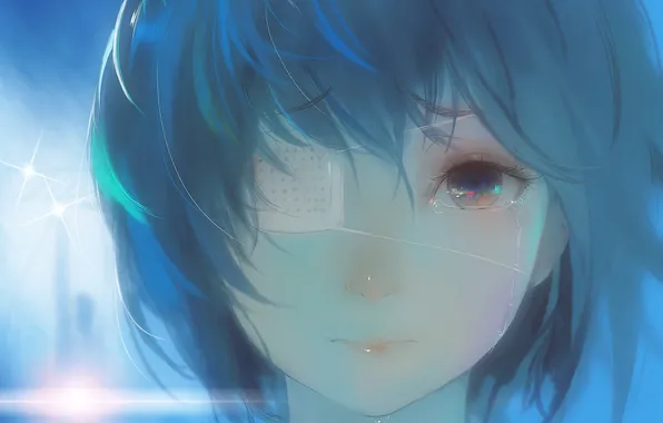Sadness, eyes, girl, the wind, anime, tears, art, headband