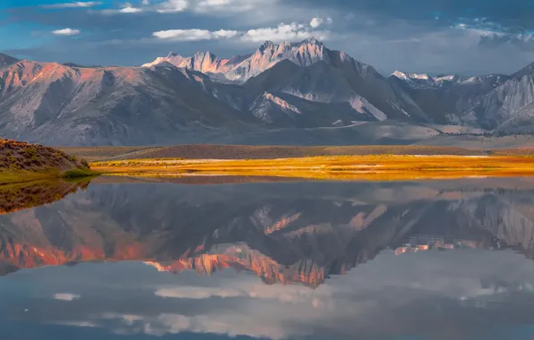 The sky, clouds, mountains, lake, reflection, mirror