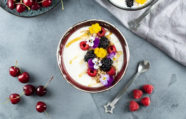 Flowers, cherry, berries, raspberry, table, towel, plate, Pansy