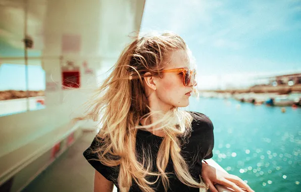 Sea, the sun, ship, Girl, glasses, blonde, fashion