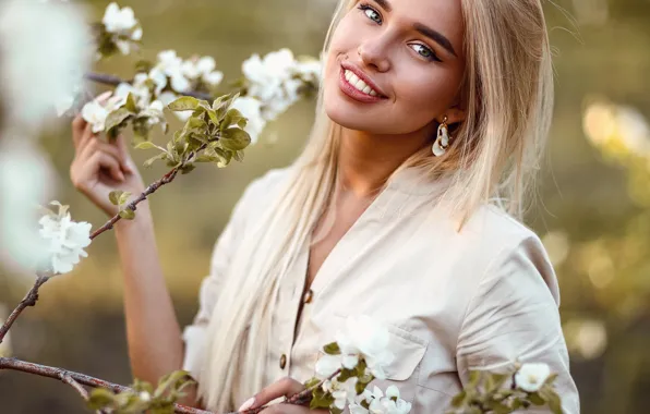 Trees, pose, smile, Girl, flowers, Sergey Sorokin, Luba Ivanova