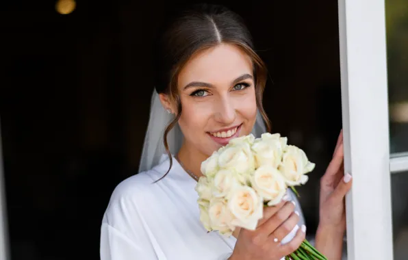Look, girl, flowers, face, pose, smile, white, frame