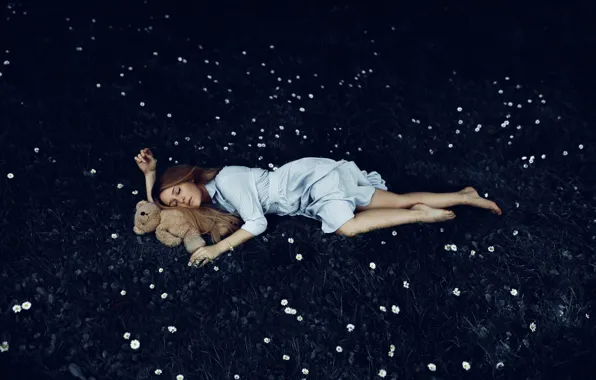 Summer, grass, girl, flowers, night, nature, pose, glade