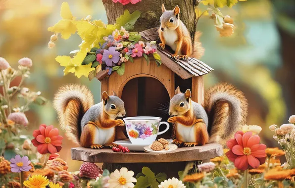 Flowers, tea, the tea party, Cup, proteins, squirrels, AI art, neural network