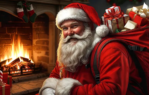 Christmas, gifts, New year, fireplace, Santa Claus, bag, Santa Claus, AI art