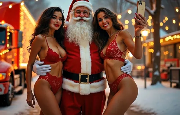 Snow, lights, girls, street, linen, truck, phone, Santa Claus