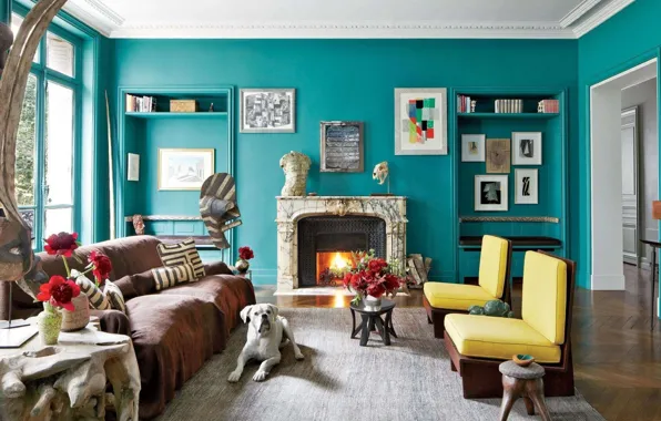 Design, style, room, interior, fireplace, turquoise, living room