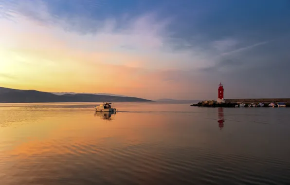 Twilight, sea, sunset, dusk, boats, lighthouse, Croatia, Adriatic Sea