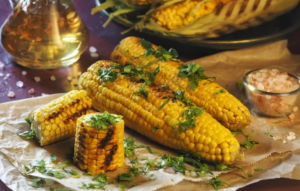 Greens, oil, corn, grill