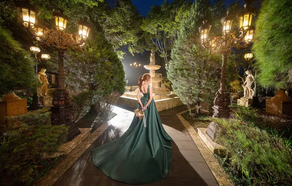 Trees, flowers, night, lights, pose, Park, model, portrait