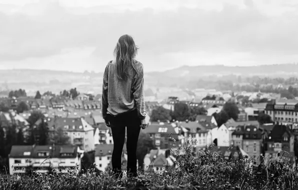 Picture city, black & white, girl, grass, long hair, photography, photo, photographer