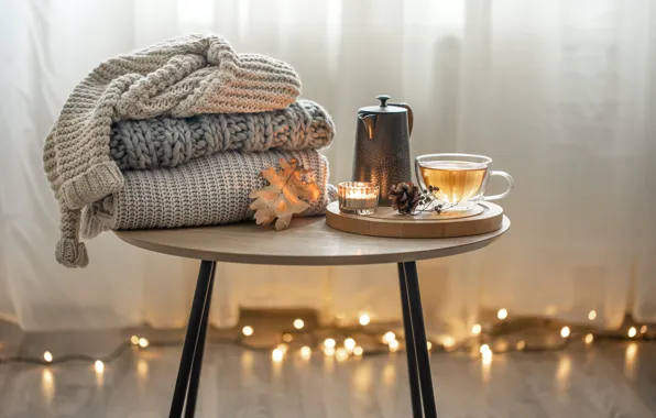 Picture tea, scarf, kettle, Cup, garland