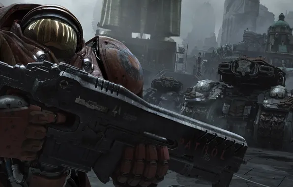 The city, the suit, starcraft, rifle, tanks, strategy, Marines, heart of the swarm