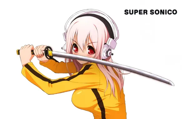 Katana, headphones, white background, parody, Kill Bill, art, stand, pink hair