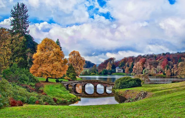 Autumn, the sky, clouds, trees, bridge, pond, Park, England