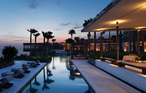 Palm trees, Villa, the evening, pool, Bali, Indonesia, the hotel, resort