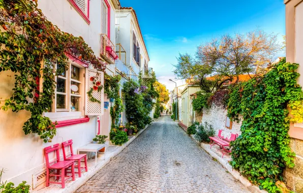 Greens, street, home, pavers, benches, Aegean Sea, Bozcaada