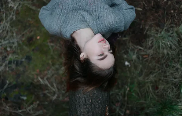 Face, pose, tree, hair, portrait, Girl, lies, sweater