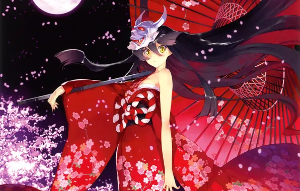 Girl, flowers, night, the moon, umbrella, anime, petals, Sakura