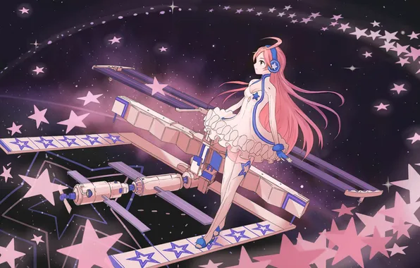 Girl, space, anime, art, vocaloid, International Space Station, miki, upscale