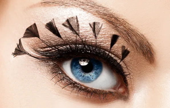 Girl, eyes, eyelashes, feathers, makeup, shadows