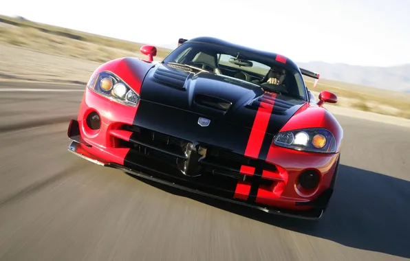 Red, Auto, Black, The hood, Dodge, Lights, Viper, The front