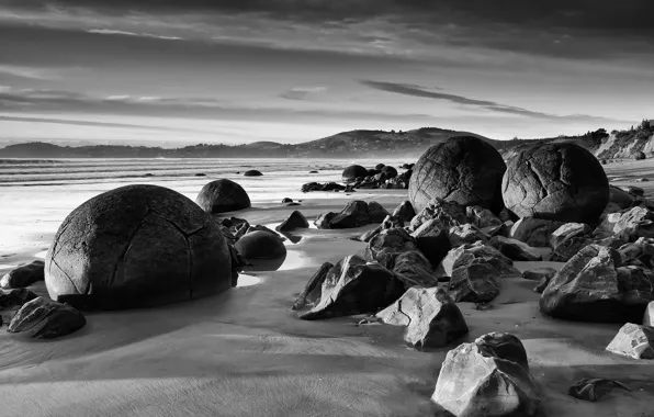 Stones, shore, black and white, round