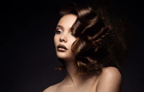 Picture look, girl, background, black, hair, makeup, hairstyle, curls