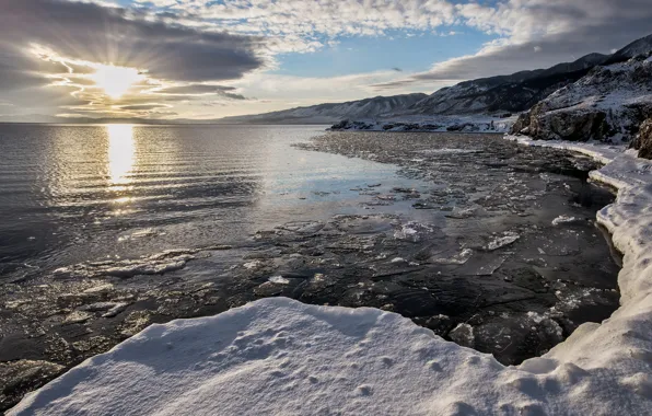 Ice, sunset, lake, cold, frost
