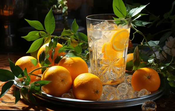Leaves, light, glass, the dark background, table, glass, ice, oranges