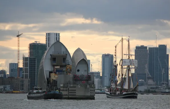 Picture river, ship, London, buildings, England, The Thames Barrier at London