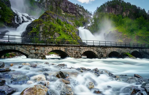 Forest, trees, mountains, bridge, stones, rocks, waterfall, Norway