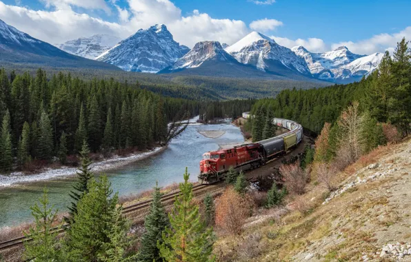 Forest, mountains, river, view, train, ate, railroad