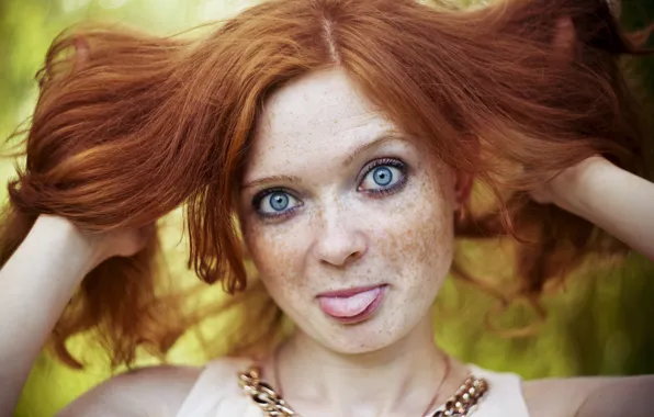 Woman, Redhead, tongue, freckles, gestures