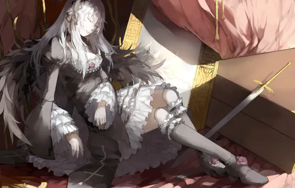 Sleep, wings, sword, stockings, key, mirror, suitcase, rozen maiden