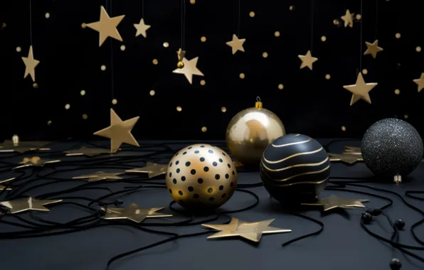 Stars, balls, the dark background, Christmas, New year, black background, gold plated, stars