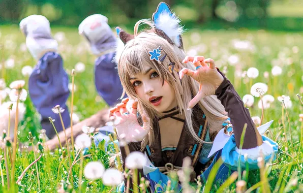 Grass, flowers, glade, meadow, costume, outfit, image, ears